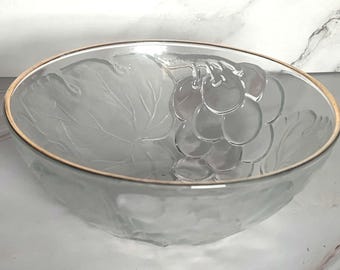 KIG Indonesia Clear Glass Embossed Grapes Bowl Grapes Bowl Gold Rim 5-3/4 Inch