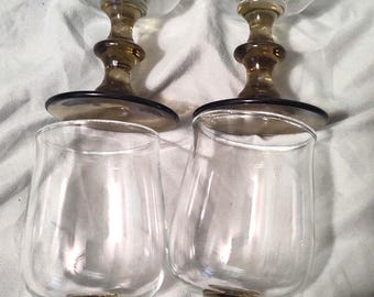 Vintage Libbey Tulip Wine Glasses - Brown Stem, Clear Bowl - Set of 4