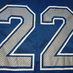 Puede incluir: Primer plano de una camiseta azul con el n&uacute;mero 22 en blanco bordeado de plata.