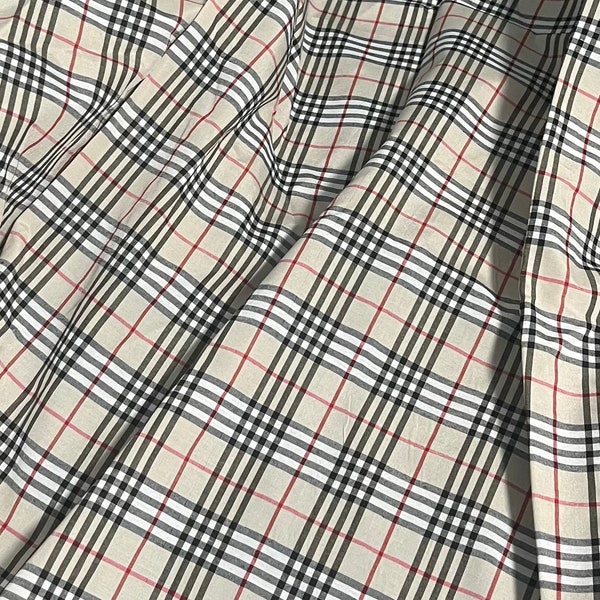 Plaid cotton fabric , beige  tartan material for sewing , by the yard