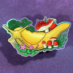 Adesivo de vinil Banana Slug brilhante - holográfico de 4 polegadas | Amante da natureza | Amante de cogumelos | Mascote da UC Santa Cruz | Nativo da Califórnia