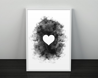 Black & White Abstract Heart Print, Watercolor Splash Minimalist Love Wall Art, Printable Valentine's Day Poster, Gothic Girls Bedroom Decor