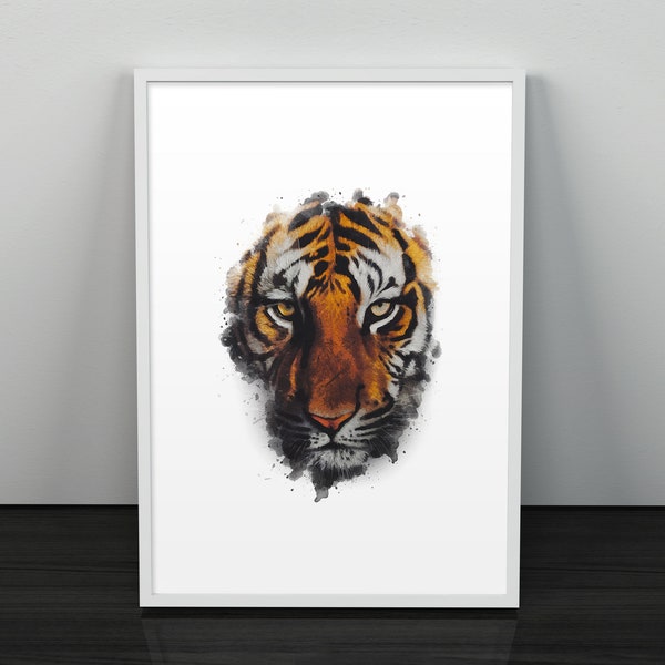 Watercolor Tiger Print, Safari Animals Acrylic Paint, Abstract Boys Room Decor, Printable Wild Tiger Face Wall Art, Minimalist Animal Poster