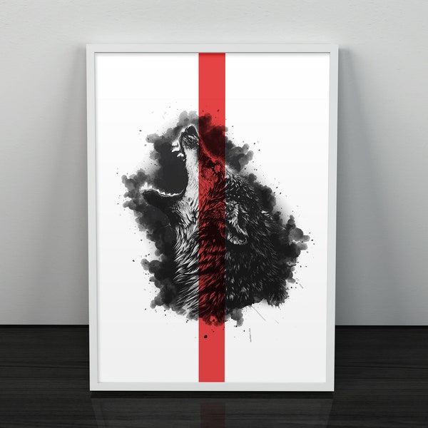 Watercolor Roaring Wolf Wall Art, Black White Red Spirit Animal Print, Printable Noble Gray Wolf Painting, Abstract Wild Illustration Poster