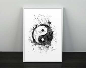 Abstract Yin Yang Printable Wall Art, Black White Spiritual Symbol Print, Yoga Meditation Inspirational Decor, Watercolor Good in Bad Poster