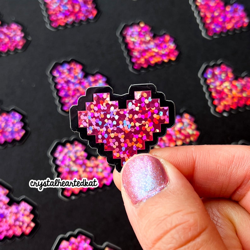 Pixel Heart Glitter Sticker Retro Gaming Aesthetic image 1