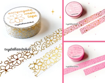 Floral Washi Tape | Sampaguita, Cherry Blossom | Gold, White, Pink Decorative Stationery | 15mm x10m