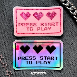 Press Start to Play Vinyl Stickers | Retro Gamer Aesthetic | Holographic, Pink Glitter