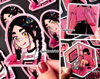 3" Original Anime Character Pink Glitter Vinyl Sticker