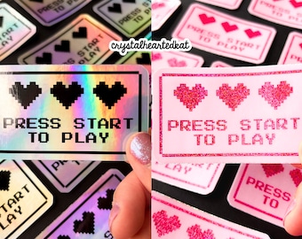 Press Start to Play Vinyl Stickers | Retro Gamer Aesthetic | Holographic, Pink Glitter