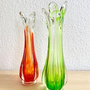 Vintage glass vases, green and orange