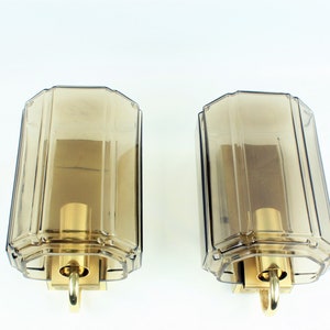 Limburg pair of vintage smoked glass and brass wall lamps, Nr. 3059, Germany, 1970s