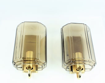 Limburg pair of vintage smoked glass and brass wall lamps, Nr. 3059, Germany, 1970s