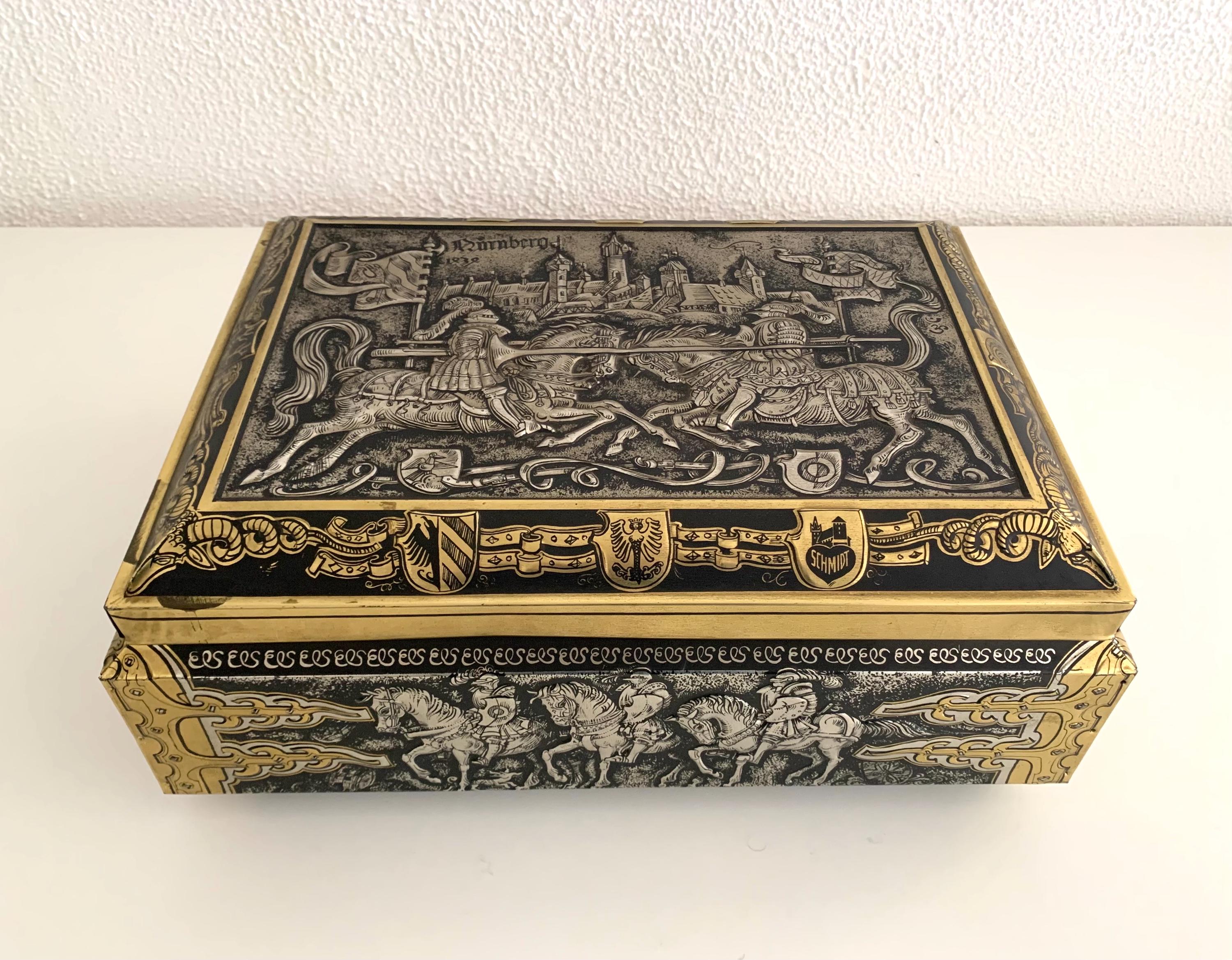 Vintage Lebkuchen Tin: E. Otto Schmidt Knight Motif, Nuremberg