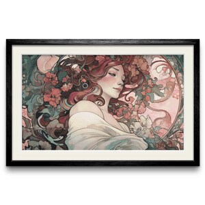 May include: A digital painting of a woman with long red hair, wearing a white shawl, surrounded by pink and green floral designs.