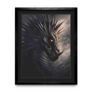 May include: A black dragon with a spiky crest and glowing yellow eyes. The dragon's head is turned to the side, and its mouth is slightly open, revealing sharp teeth. The background is a dark, stormy sky.
