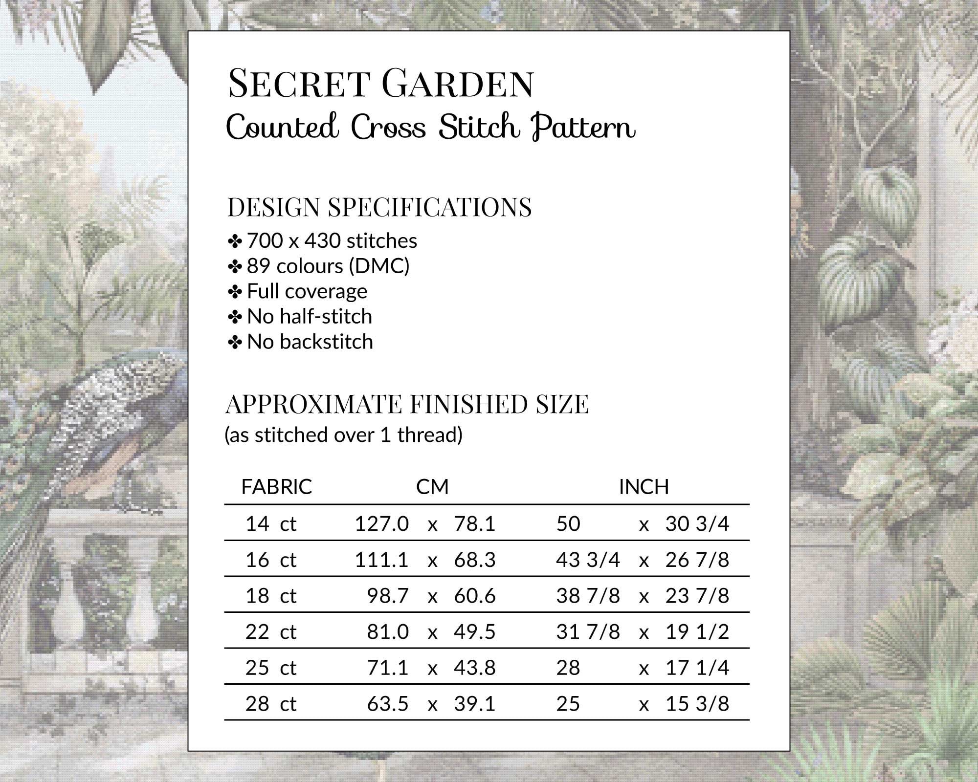 Secret Garden Modern Counted Cross Stitch Pattern. Full Coverage