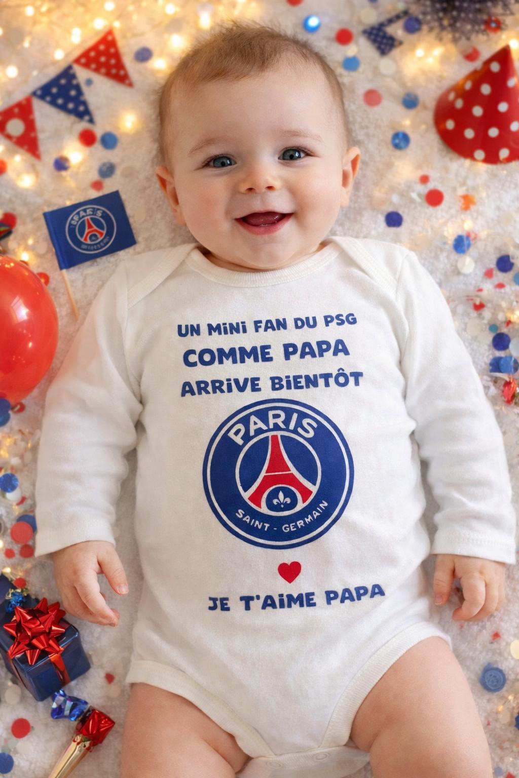 Body Bébé Personnalisé "Supporter Du PSG Comme Papa" - Blanc - Fait Main En France