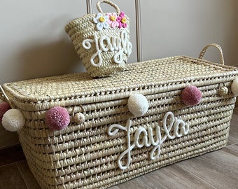 Coffre à jouets 80 cm personnalisé, malle de rangement en feuille de palmier