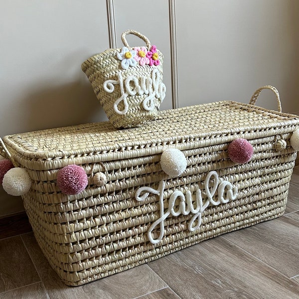 Coffre à jouets 80 cm personnalisé, malle de rangement en feuille de palmier