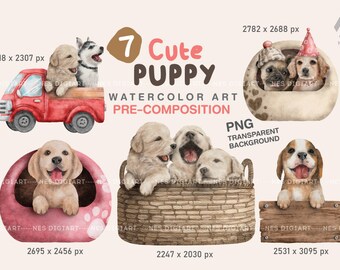 Mignon chiot aquarelle art pré-composition, chien PNG, Téléchargement instantané