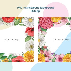 May include: Two watercolor floral frames with a white background. The frame on the left features red, yellow, and white flowers. The frame on the right features pink, white, and purple flowers.