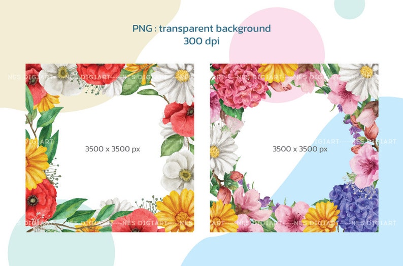 May include: Two watercolor floral frames with a white background. The frame on the left features red, yellow, and white flowers. The frame on the right features pink, white, and purple flowers.