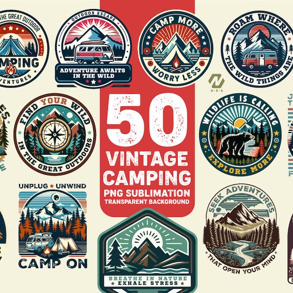 Vintage camping PNG sublimation design, adventure clipart bundle, instant Download