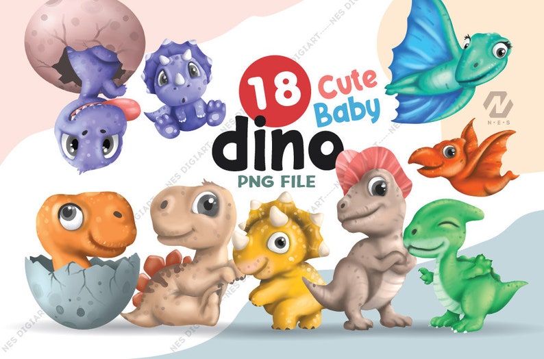 Peut inclure: Un ensemble de 18 illustrations de b&eacute;b&eacute;s dinosaures mignons au format PNG. Les dinosaures sont dans diff&eacute;rentes poses et couleurs, notamment le vert, le bleu, l'orange et le jaune. Certains &eacute;closent d'&oelig;ufs, tandis que d'autres volent ou se tiennent debout. Le texte "18 Cute Baby Dino PNG File" est affich&eacute; au centre de l'image.