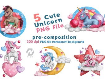 Unicorn PNG Clipart Cartoon Watercolor Pre-composition, Instant Download