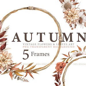 Herfst Bloem Bladeren Frame aquarel PNG clipart, Instant Download