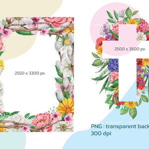 May include: Two watercolor floral frames, one square and one cross-shaped, with a white background. The frames are made of branches and flowers in shades of pink, white, yellow, and green. The text "2550 x 3300 px" and "2500 x 3500 px" is included in the image.