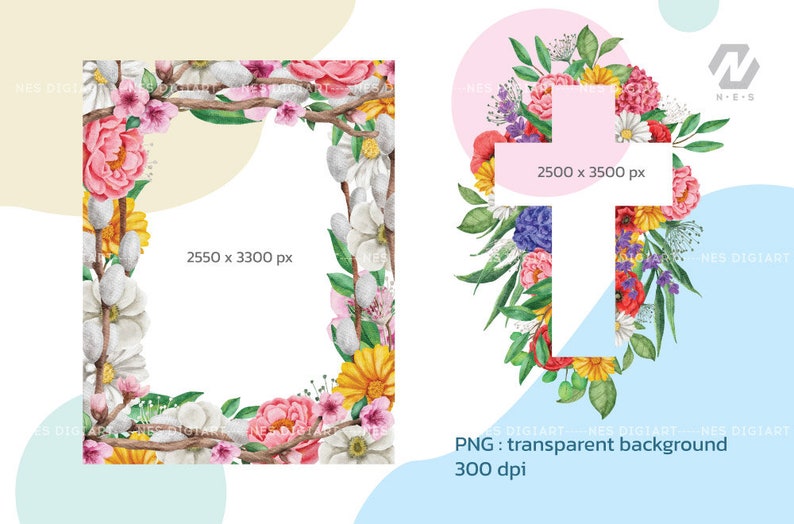 May include: Two watercolor floral frames, one square and one cross-shaped, with a white background. The frames are made of branches and flowers in shades of pink, white, yellow, and green. The text "2550 x 3300 px" and "2500 x 3500 px" is included in the image.