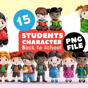 Back to school student cartoon charactor clipart PNG bundle, Instant Download