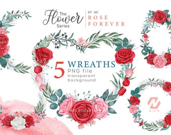 Rose wreath PNG clipart, Rose Bouquets watercolor painting, instant download