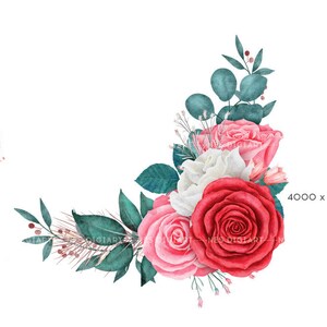 May include: A watercolour illustration of a corner bouquet of pink, red and white roses with green leaves and stems. The bouquet is on a white background.