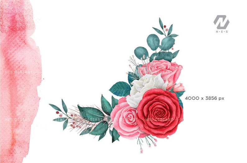 May include: A watercolour illustration of a corner bouquet of pink, red and white roses with green leaves and stems. The bouquet is on a white background.