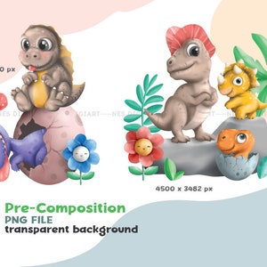 Peut inclure: Une illustration num&eacute;rique de cinq dinosaures de dessin anim&eacute;. Les dinosaures sont dans diff&eacute;rentes poses et couleurs, notamment le vert, le bleu, l'orange et le brun. Les dinosaures sont entour&eacute;s de fleurs et de plantes. L'image est sur un fond blanc.