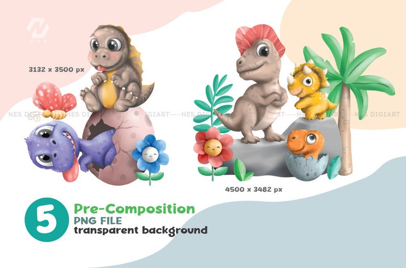 Peut inclure: Une illustration num&eacute;rique de cinq dinosaures de dessin anim&eacute;. Les dinosaures sont dans diff&eacute;rentes poses et couleurs, notamment le vert, le bleu, l'orange et le brun. Les dinosaures sont entour&eacute;s de fleurs et de plantes. L'image est sur un fond blanc.