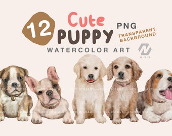 Mignon chiot aquarelle collection d’art, chien PNG, Téléchargement instantané