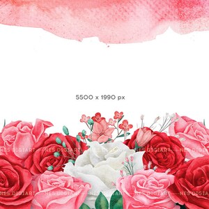 May include: A watercolour illustration of a bouquet of red, pink and white roses with green leaves. The roses are arranged in a semi-circular shape, with the white roses in the centre. The background is a soft pink watercolour wash.