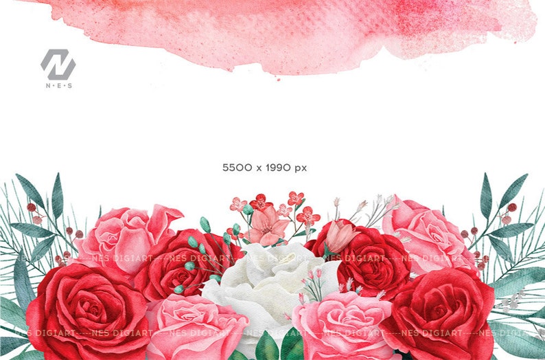 May include: A watercolour illustration of a bouquet of red, pink and white roses with green leaves. The roses are arranged in a semi-circular shape, with the white roses in the centre. The background is a soft pink watercolour wash.