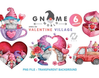 May include: Six watercolor gnomes in various poses, including holding hearts, flowers, and riding in a red truck. The gnomes are wearing red, pink, and purple hats and have white beards. The background is white with the text "GNOME WORLD VALENTINE VILLAGE" and "6 GNOMES".