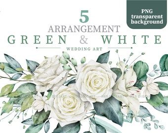 Green leaves and white flower wedding watercolor bundle, Digital Download