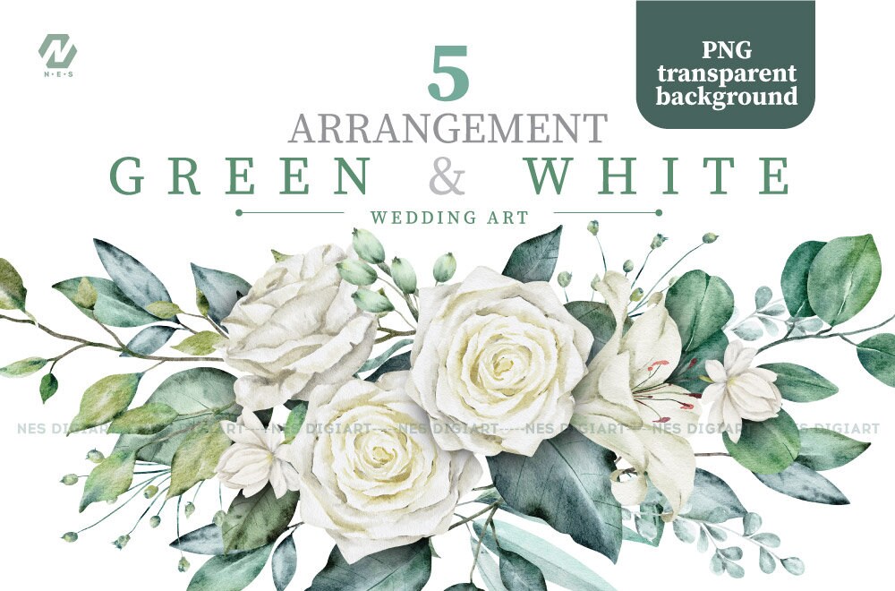Green Leaves and White Flower Wedding Watercolor Bundle, Digital ...