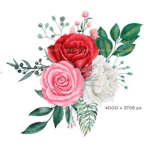 May include: Watercolour painting of a bouquet of red, pink and white roses with green leaves. The bouquet is arranged in a loose, natural style.