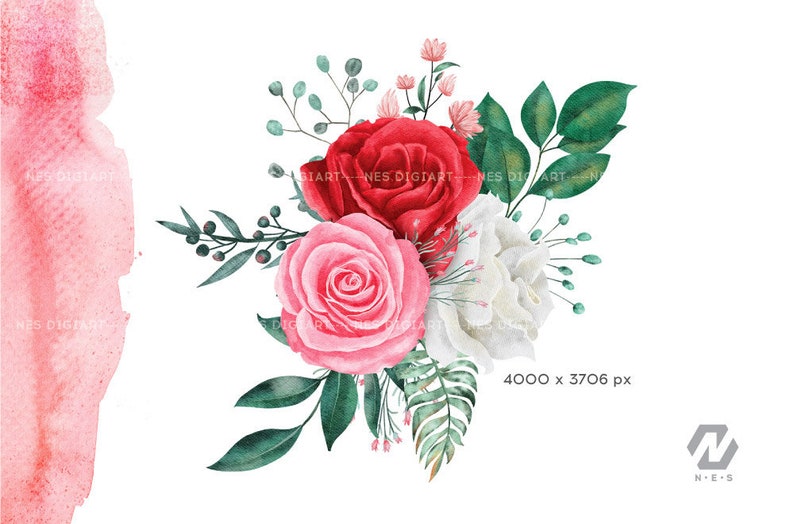 May include: Watercolour painting of a bouquet of red, pink and white roses with green leaves. The bouquet is arranged in a loose, natural style.