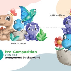Peut inclure: Une illustration num&eacute;rique de trois b&eacute;b&eacute;s dinosaures dans diff&eacute;rentes poses. Les dinosaures sont bleus, violets et bruns. Les dinosaures sont entour&eacute;s de feuilles vertes et de fleurs. Les dinosaures sont &agrave; diff&eacute;rents stades d'&eacute;closion d'&oelig;ufs.