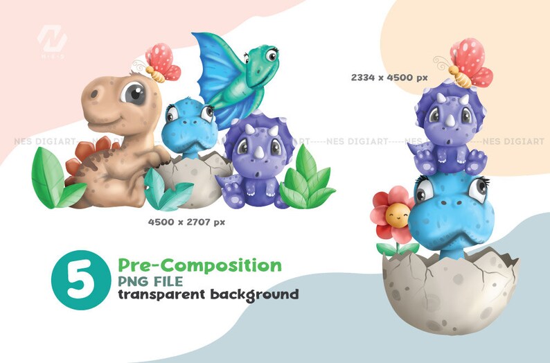 Peut inclure: Une illustration num&eacute;rique de trois b&eacute;b&eacute;s dinosaures dans diff&eacute;rentes poses. Les dinosaures sont bleus, violets et bruns. Les dinosaures sont entour&eacute;s de feuilles vertes et de fleurs. Les dinosaures sont &agrave; diff&eacute;rents stades d'&eacute;closion d'&oelig;ufs.