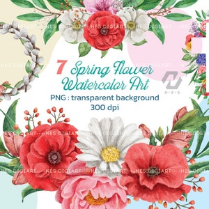 May include: A set of seven watercolor illustrations of spring flowers, including a wreath of white blossoms, a bouquet of pink, red, and white flowers, and a cross surrounded by flowers. The illustrations are on a white background with a text overlay that reads "7 Spring Flower Watercolor Art PNG: transparent background 300 dpi".